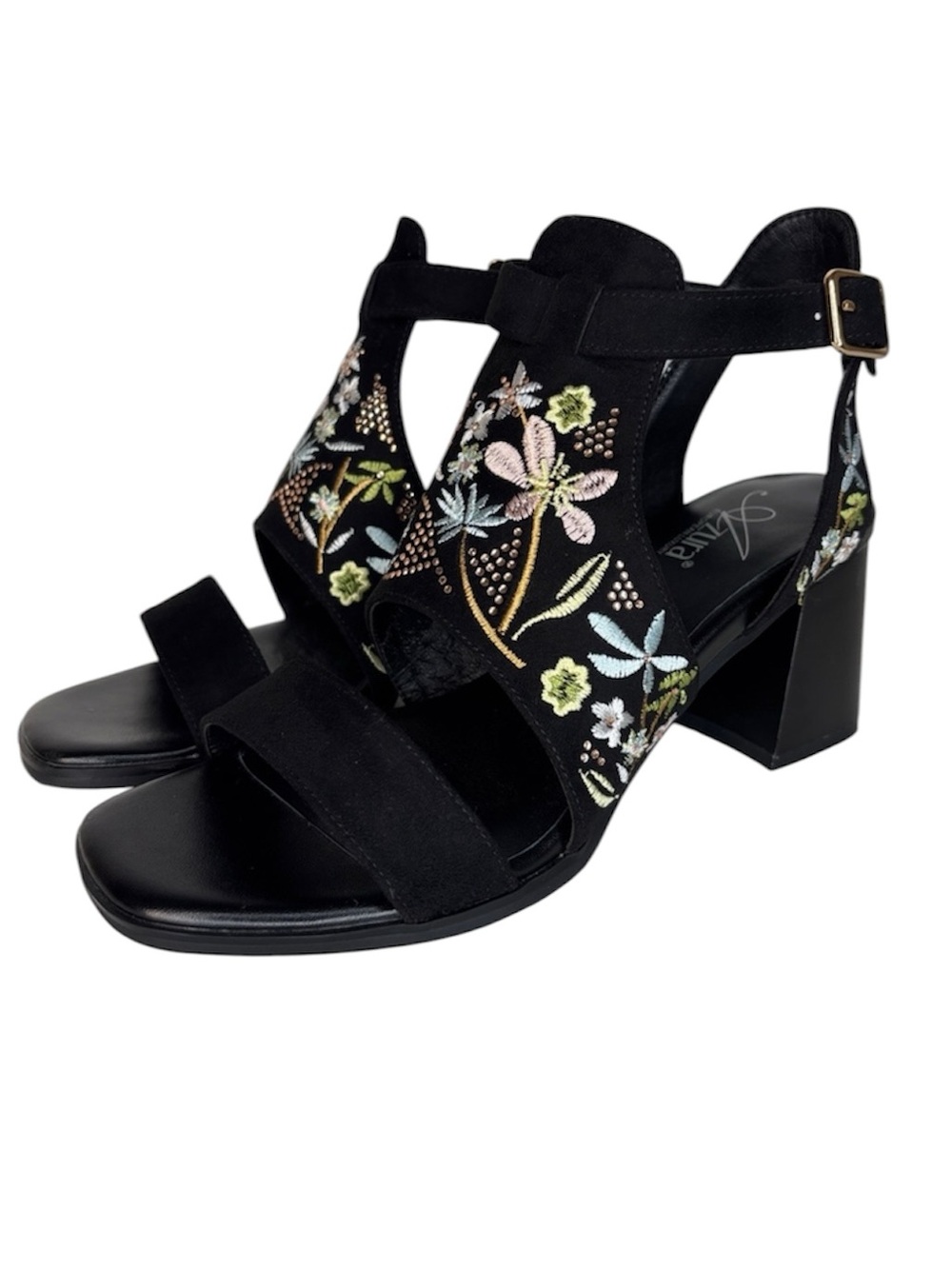 AZURA Romantic Embroidered Black Chunky Heel Sandals with Floral Detail 37/6.5